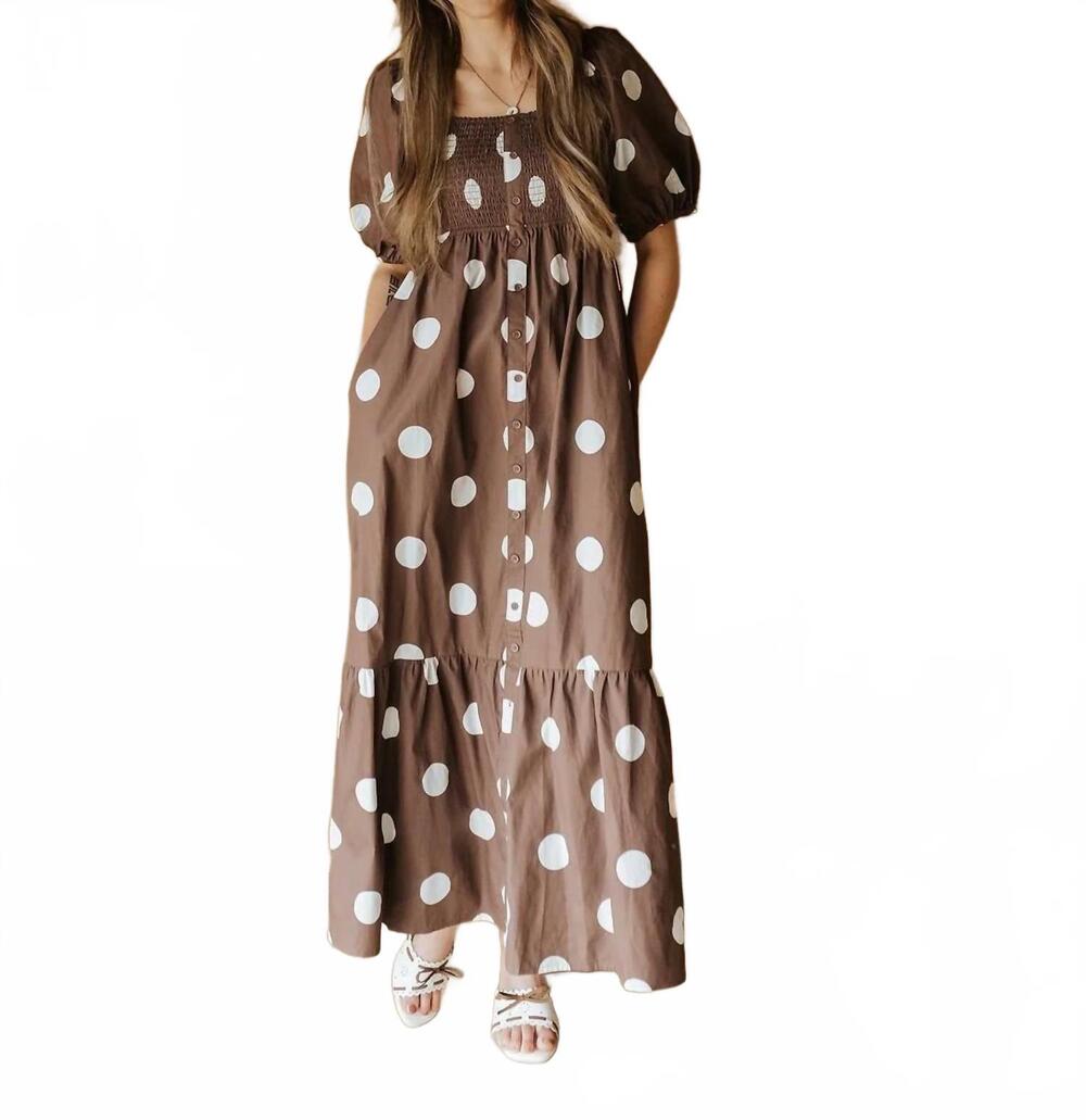 NEW WISHLIST puff sleeve midi dress in chocolate/white poko dot